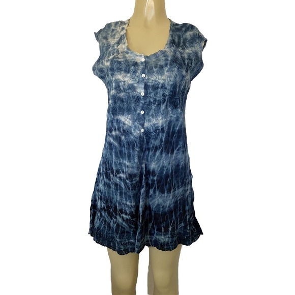 Johnny Was Tunic Dress Blue Tie Dye Eyelet Embroidery Sleeveless Button … - Picture 1 of 8